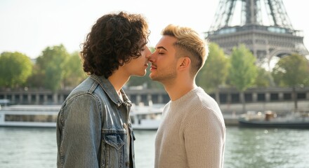 Romantic moment of young diverse couple by eiffel tower riverbank in paris
