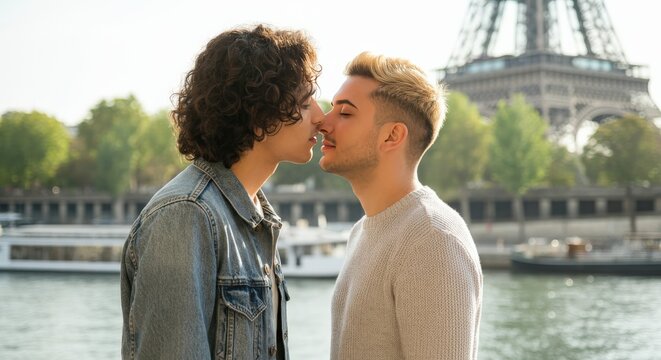Romantic moment of young diverse couple by eiffel tower riverbank in paris