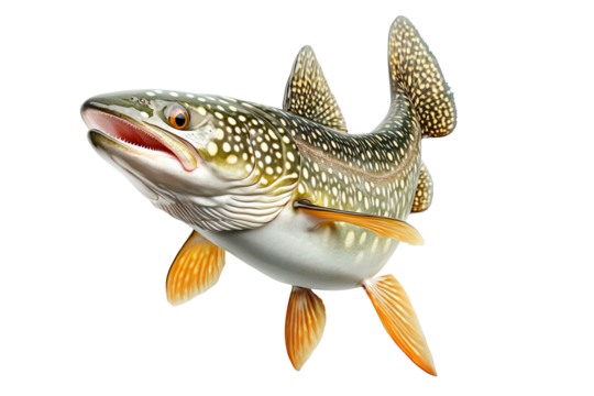Detailed northern pike fish with spotted scales, fins and sharp jaw isolated on white transparent background, concept of aquatic life