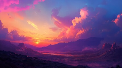 Obraz premium Captivating sunset over mountains with vibrant clouds and a serene valley, creating a dreamlike and tranquil atmosphere.