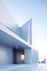 Obraz premium Minimalist architectural composition of modern buildings, with clean angles, rendered in geometric forms and soft hues of grey, cream, and light blue, AI generated