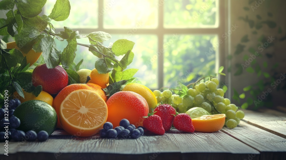 Poster a table with a variety of fruits including oranges, strawberries, and grapes. the fruits are arrange