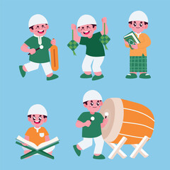 cheerful Muslim children performing traditional Eid activities in colorful attire. Culture celebration concept  