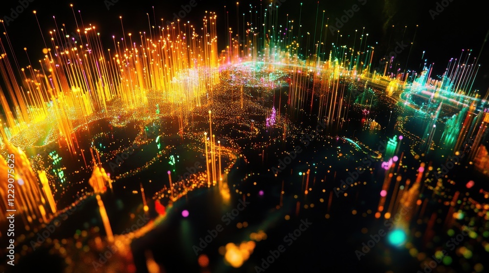 Poster Global stats and big data concept with digital graphic colourful dotted world map and indicators on abstract dark background, greed for landing page. 3D rendering