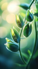 Obraz premium Close-up of vibrant green unopened flower buds on a stem, soft focus background.