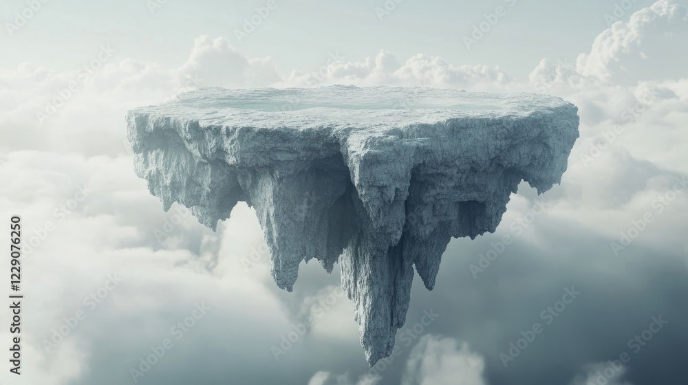 Poster a large rock is floating in the air. the rock is surrounded by clouds. the clouds are white in color