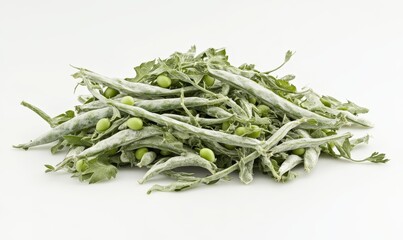 Fototapeta premium Frozen green peas and pods on white background.