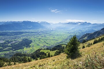 View of the Rhine valley as seen from the geological mountain trail, canton of Appenzell Inner-Rhodes, Switzerland, Europe