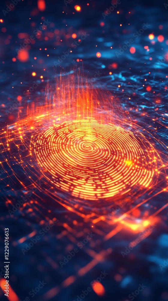 Poster a close up of a fingerprint with a blue background. the image has a futuristic and abstract feel to 