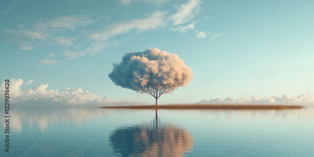 Poster a lone tree with a cloud-like canopy stands in calm water, reflecting the serene sky and creating a 