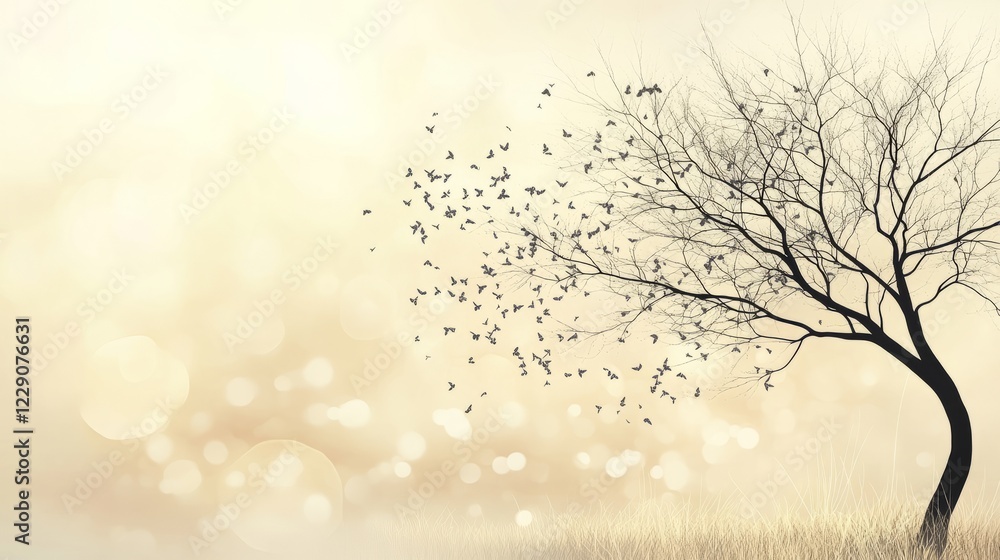 Poster a tranquil scene featuring a bare tree and birds in flight, set against a soft golden background wit