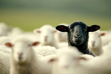 Fototapeta premium A black sheep among white sheep.AI generative.