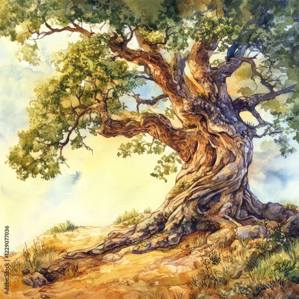 Poster a large tree with a trunk that is twisted and gnarled. the tree is surrounded by grass and rocks, an