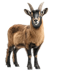 Fototapeta premium Goat with horns stands in front of a white background