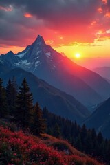 Sunset over a rugged mountain range with trees and bushes in foreground, sunsets, hill