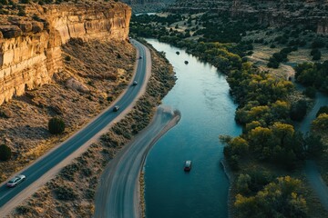 Cars navigate along Colorado River Road with scenic cliffs and lush banks highlighting the landscape, Aerial of cars driving on Colorado River Road
