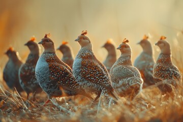 Group of Grey Partridges Walking Trough Grass in a Sunlit Field, Partridge Grey Partridge Perdix perdix Group of birds Slow motion