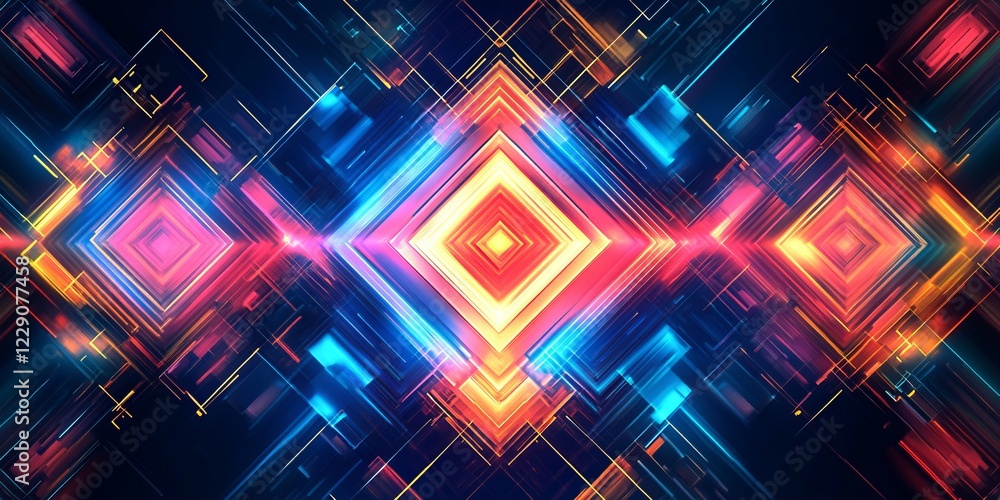 Poster a colorful abstract geometric pattern featuring neon lights and dynamic shapes, creating a futuristi