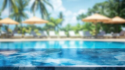 Empty marble tabletop for product presentation on blurred background of swimming pool with sun loungers, umbrellas and palm trees