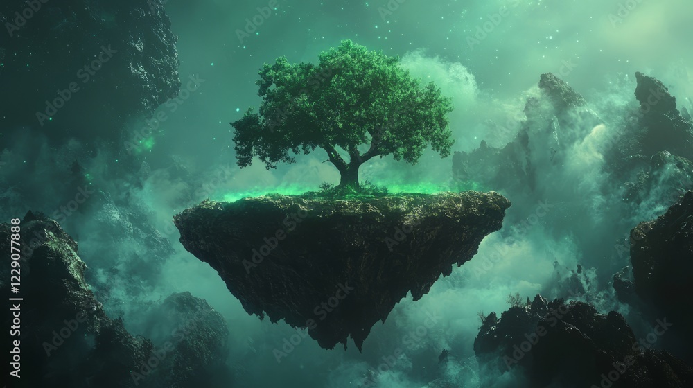 Poster a solitary tree stands on a floating island surrounded by mystical clouds and a green glow, creating