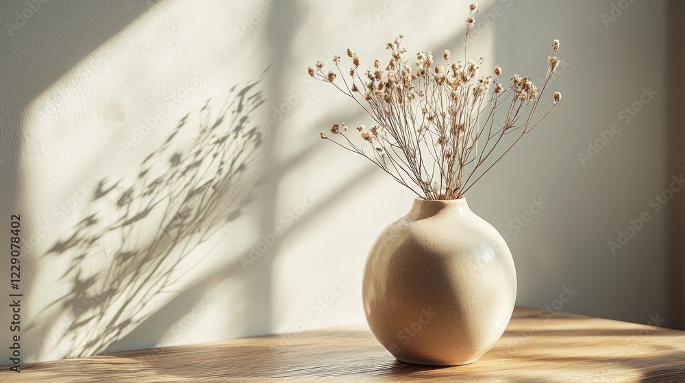 Poster a cozy corner features a minimalist coffee table adorned with a simple vase of dried flowers. soft s