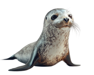 Cute baby seal is standing on its hind legs and looking at the camera