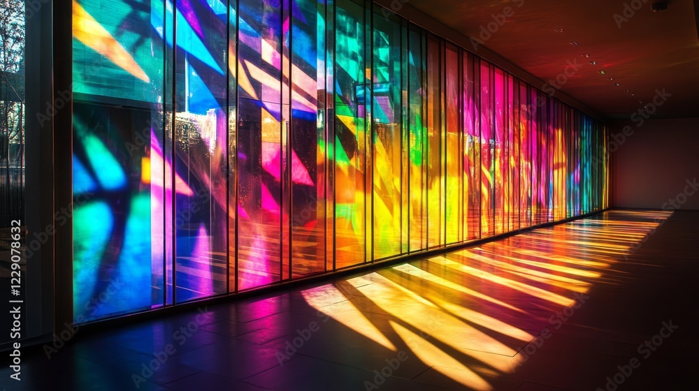 Poster sunlight casts vivid patterns through stained glass, creating a colorful display in a contemporary g