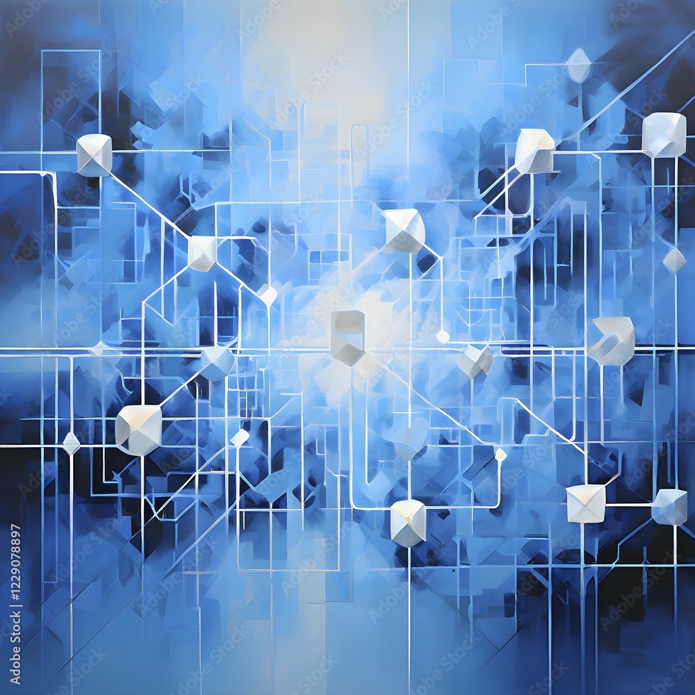 Poster abstract artwork illustrating blockchain technology with interconnected geometric shapes symbolizing