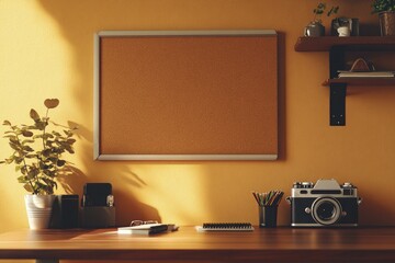 High Definition Visual of Cozy Workplace with Cork Board and Retro Camera