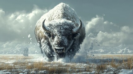Bison charging through snowy plains north america wildlife winter landscape close-up capture