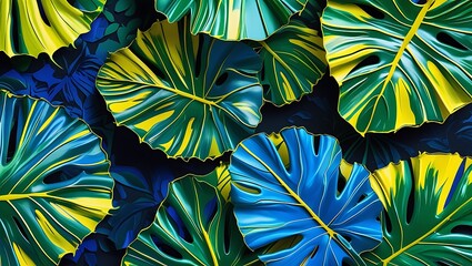 Vibrant Exotic Foliage with Electric Blues, Bright Greens, and Sunny Yellows.