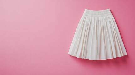 A stylish white skirt placed on a pink backdrop, showcasing its elegant pleats and soft fabric.