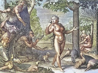 Eve's seduction by Satan, Eve as a naked woman with the apple, surrounded by fantasy figures of hell, copperplate engraving, digitally restored reproduction of a 19th century original, exact original date not known