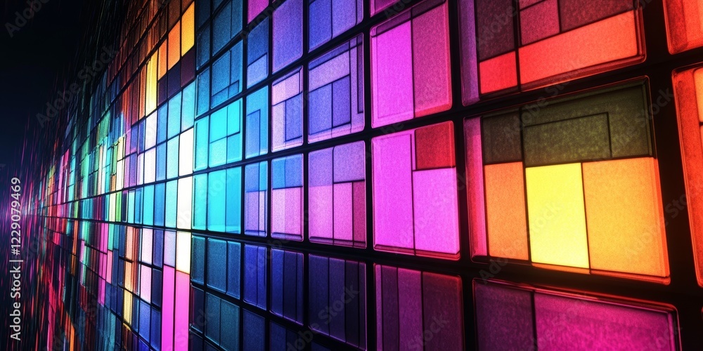 Poster a colorful wall with many different colored squares. the wall is very colorful and has a lot of diff