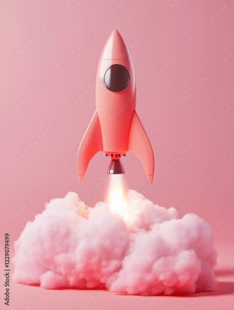 Poster launching new product or service. technology development process. space rocket launch. 3d render.