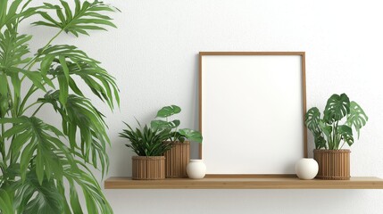 Picture frame on shelf with plants in scandinavian interior featuring white walls and brown accents