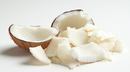 Fototapeta premium Close up of cracked coconut halves with fresh coconut flakes scattered. natural texture and color of coconut create refreshing and tropical feel