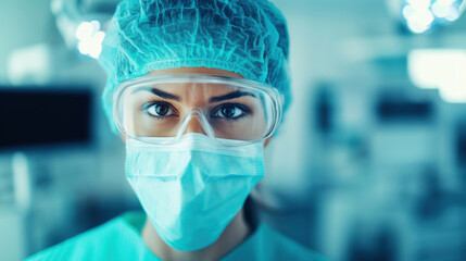 A close-up of a healthcare worker wearing a surgical mask, scrubs, and protective eyewear, standing in a medical setting.