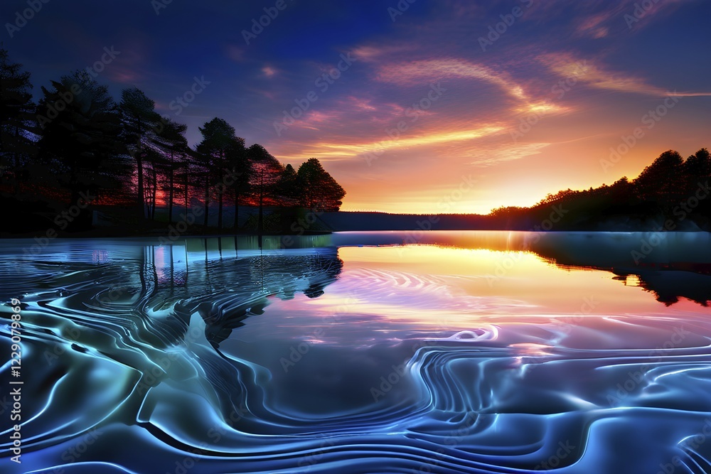 Poster ai generated illustration of a serene lake with reflections on the surface replaced with shimmering 