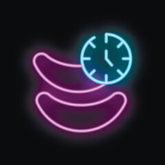 Neon sign showing two bananas and a clock, concept of potassium rich food for energy and vitality