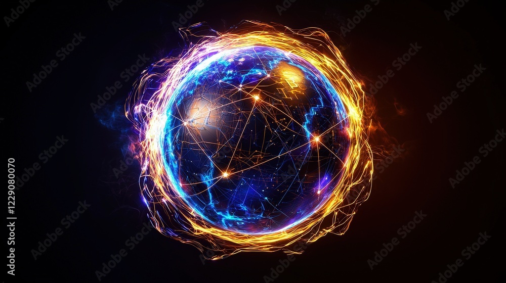 Poster dynamic globe with glowing network lines and interconnected lines on a dark background