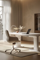 A modern soft cozy minimalist office space with a sleek white desk and an soft office chair. AI generative