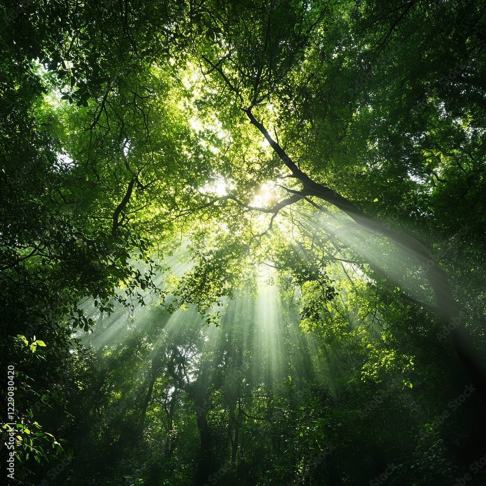 Poster sunbeams filter through a dense forest canopy, illuminating the lush greenery and creating a peacefu