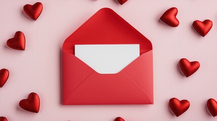 Red envelope placed next to a white envelope in a romantic flat lay arrangement on a rustic wooden surface