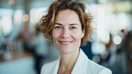 Fototapeta premium Businesswoman with curly hair radiates positivity while in a bright office filled with colleagues and light