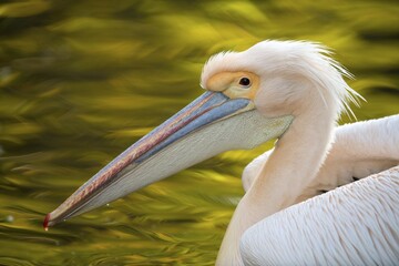 Great white pelican (Pelecanus onocrotalus), portrait, in water, captive