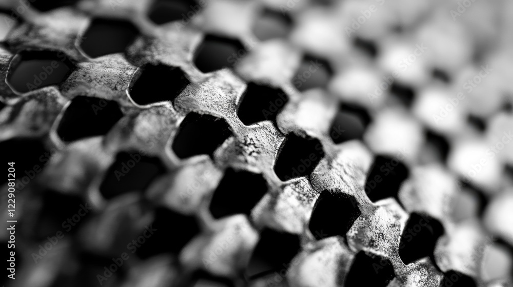 Poster close-up view of a metallic surface featuring a honeycomb structure with rich textures and shadows c