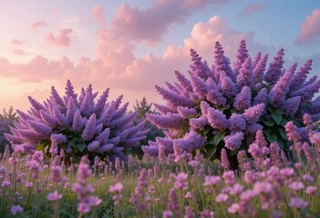 Fototapeta premium A field of lilac bushes with pink wildflowers and a blue sky with pink clouds in the background.