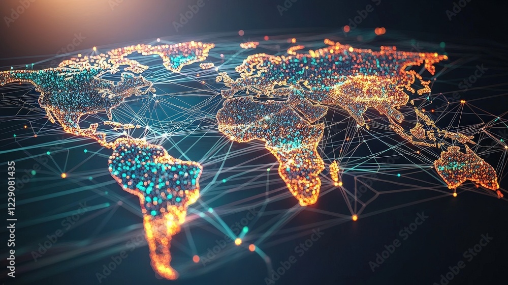 Poster vibrant world map with glowing lights and points representing global connections and geographical lo