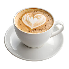 Obraz premium A steaming cup of cappuccino with a heart-shaped foam design., isolated on a transparent background